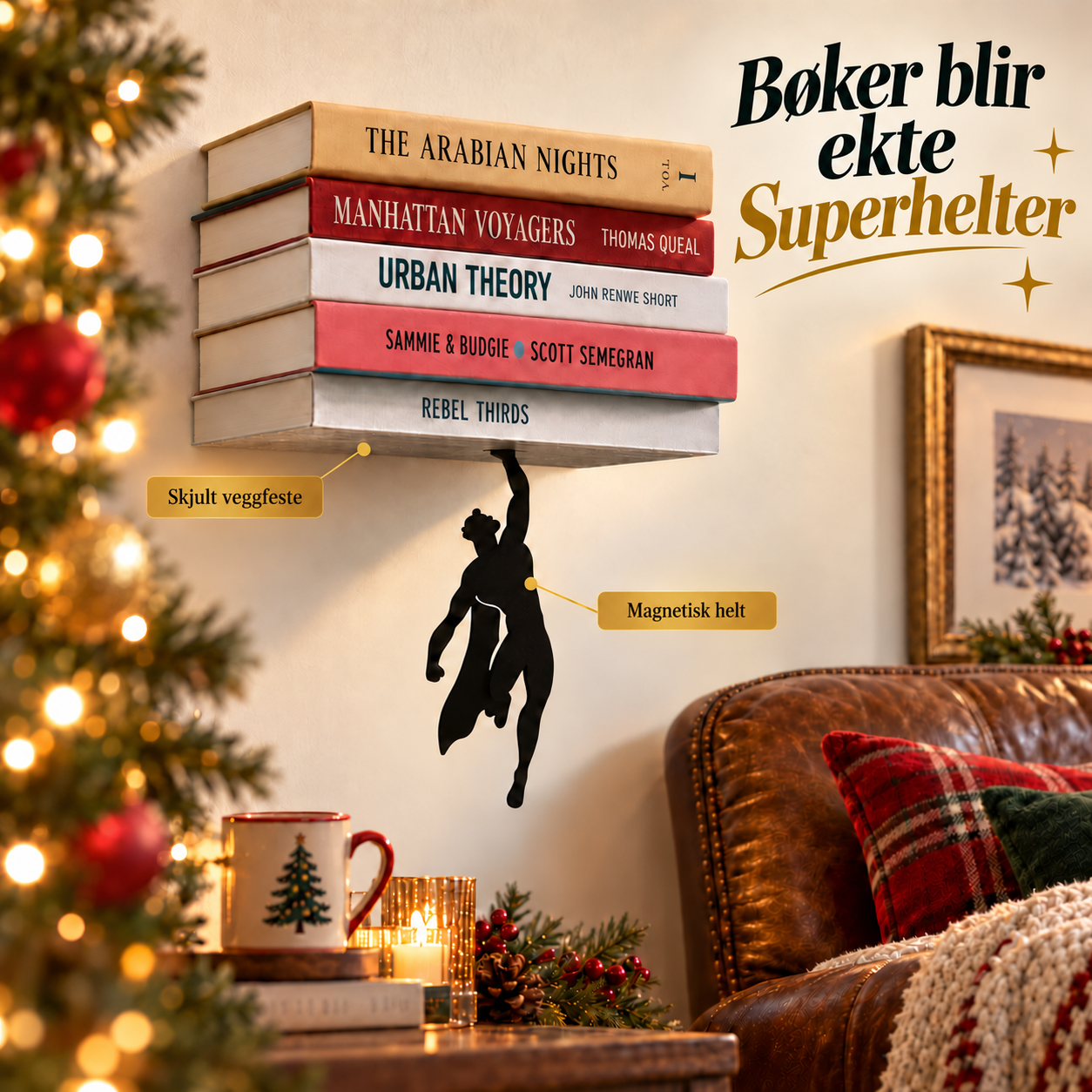 Usynlig superheltbokhylle i en julepyntet lesekrok