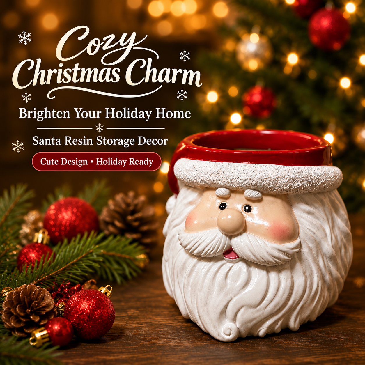 Red Santa holder with cozy Christmas styling