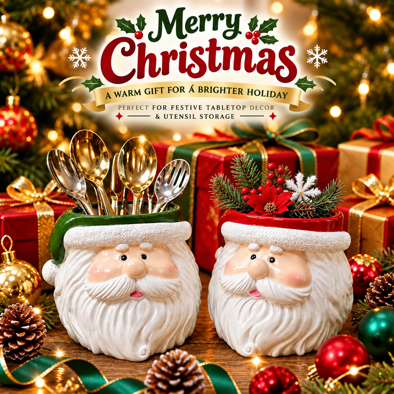 Red and green Santa utensil holders in a holiday kitchen