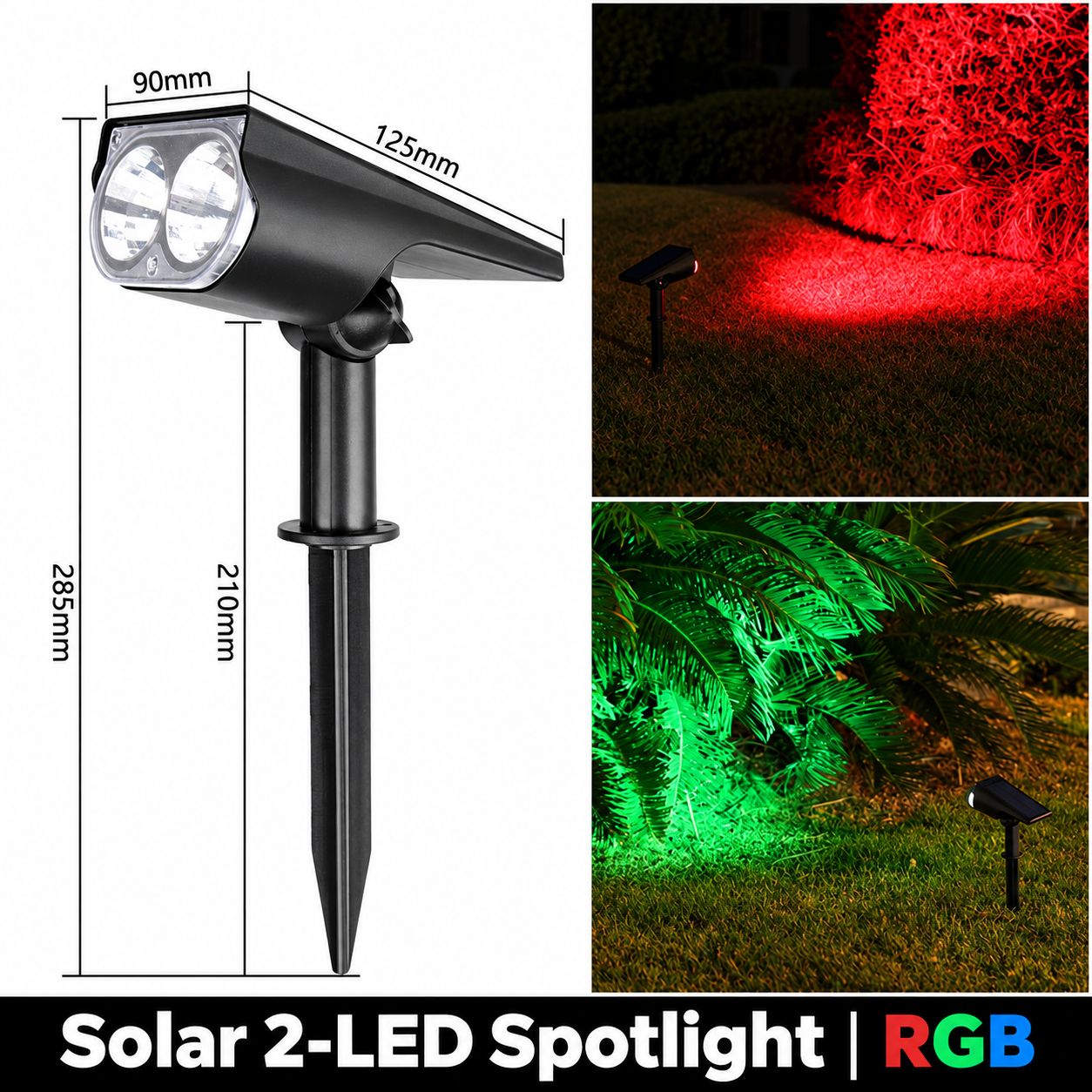 2-LED RGB solar spotlight dimensions and light colors