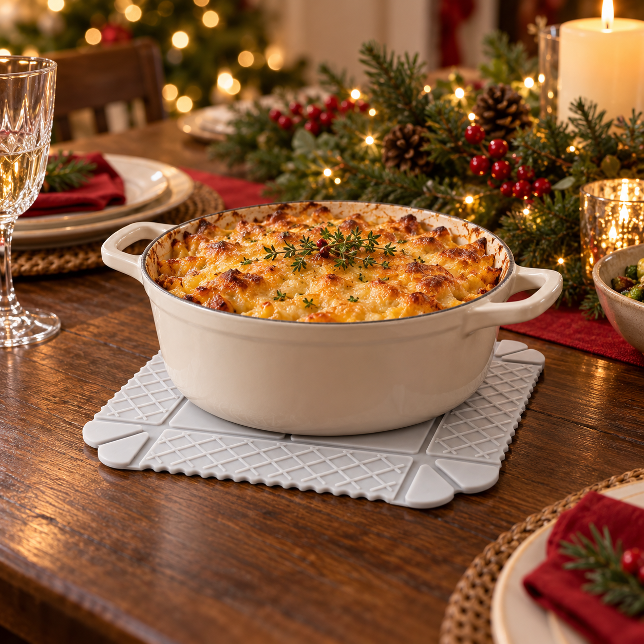 White foldable silicone mat used as a holiday casserole trivet