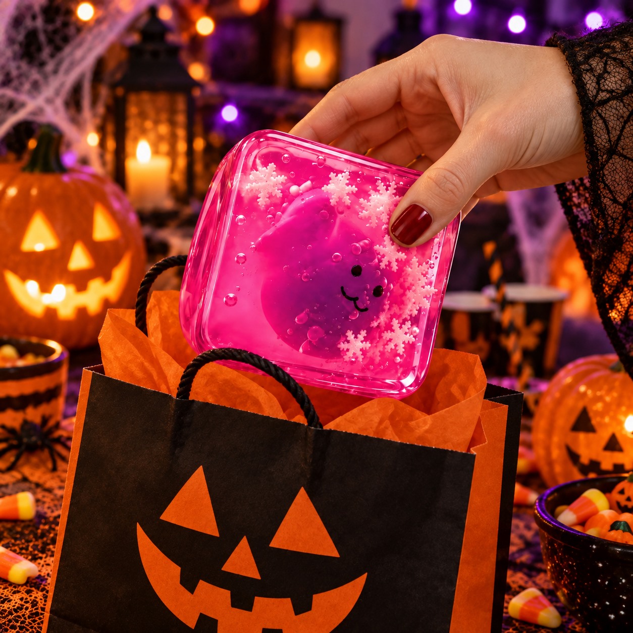 Pink character squishy cube placed into a Halloween treat bag