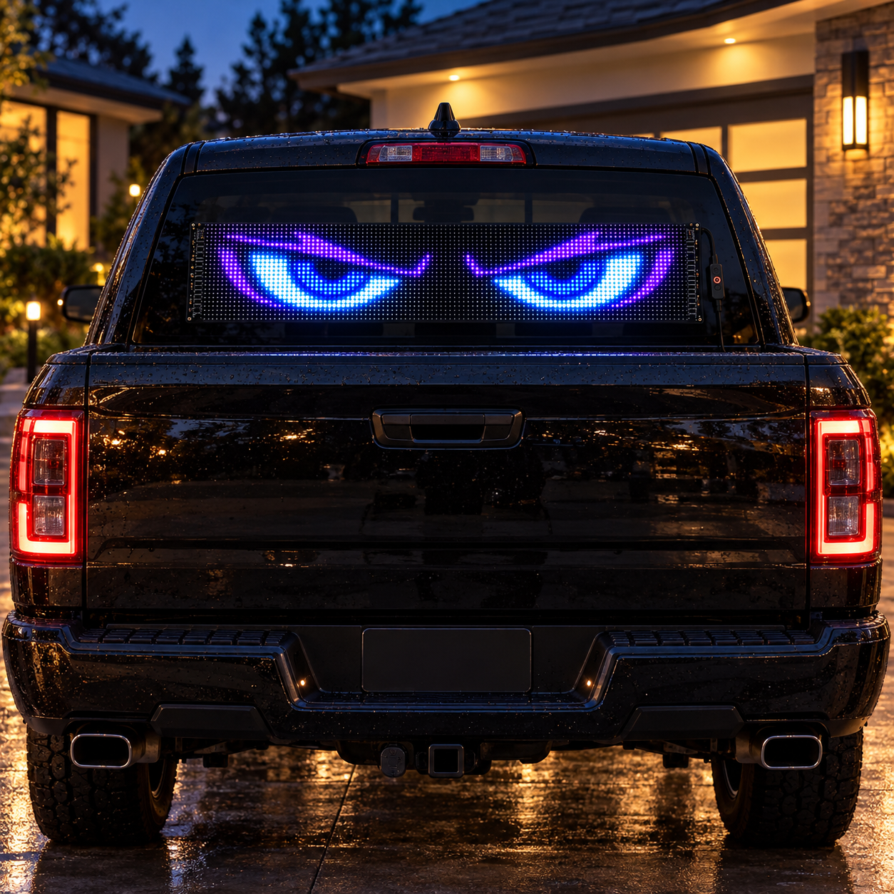 Blue and purple animated LED eyes on a parked pickup