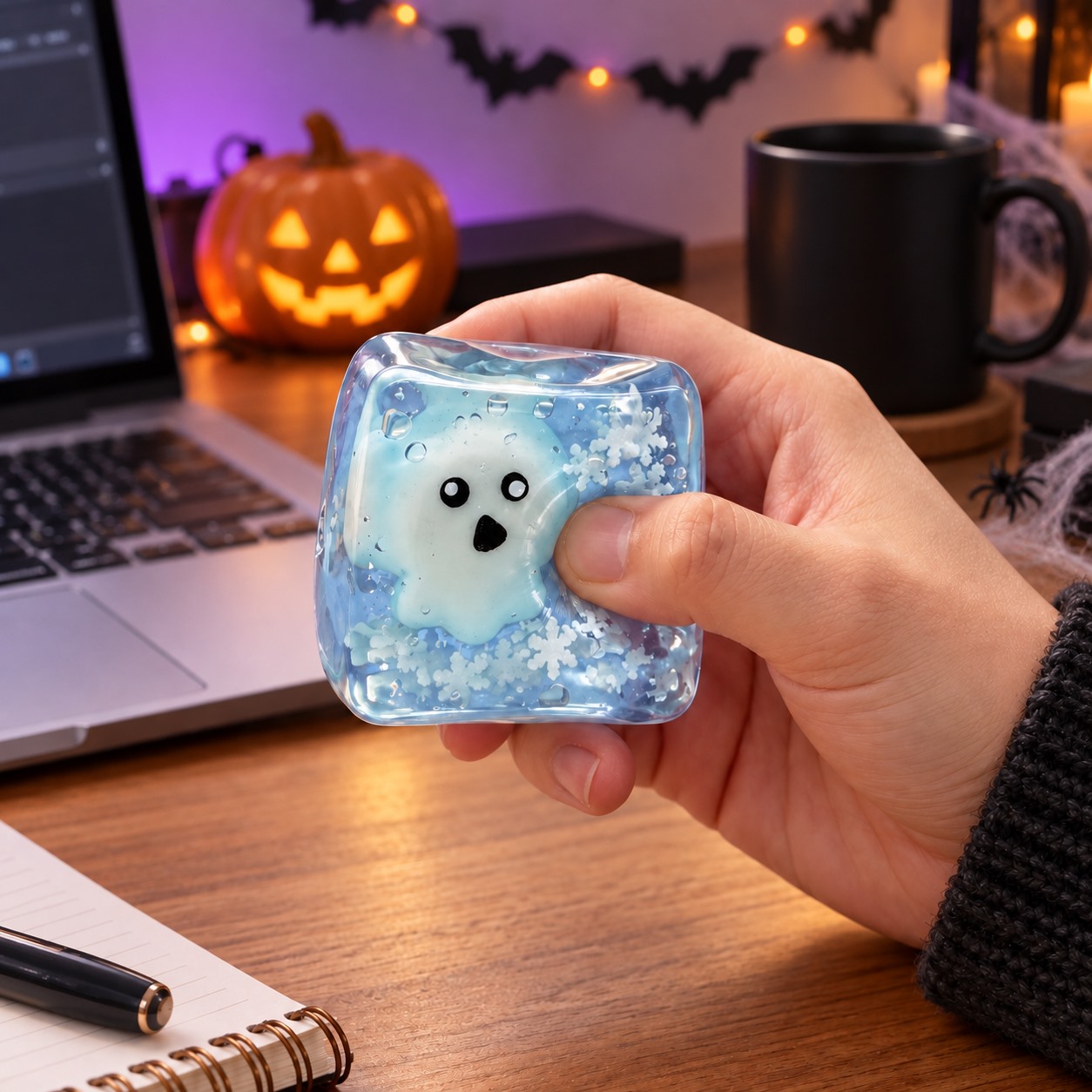 Ghost squishy cube on a Halloween-themed home office desk