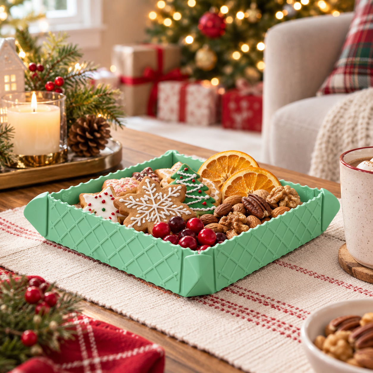 Green foldable silicone mat serving holiday snacks as a tray