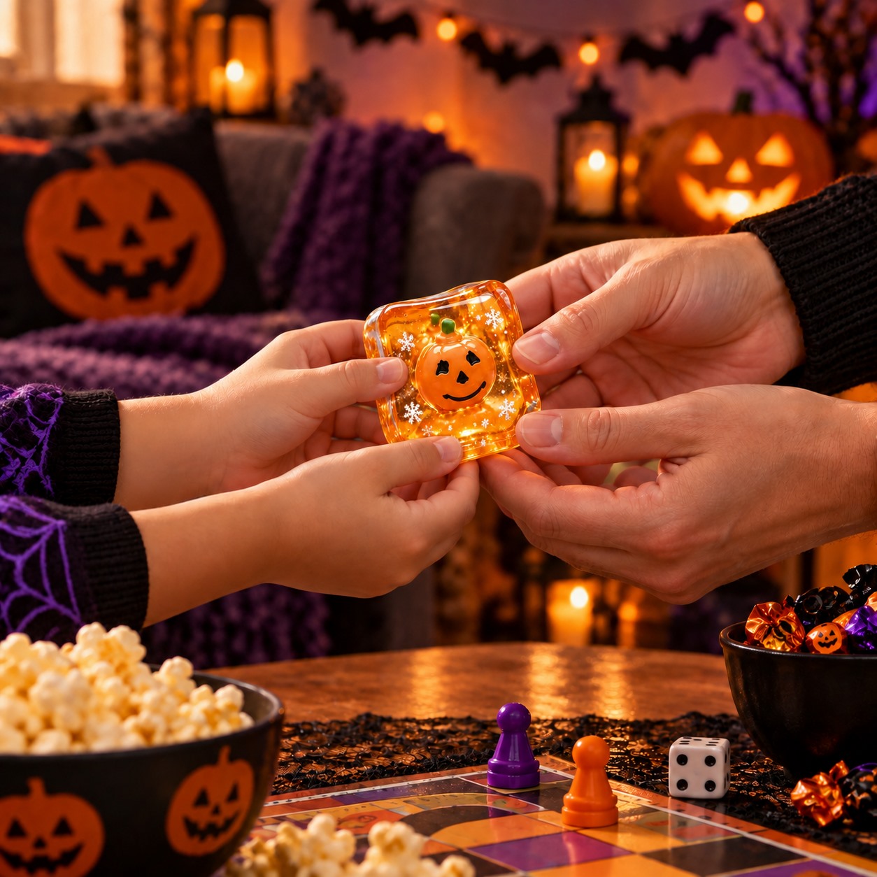Pumpkin squishy cube during a Halloween family game night