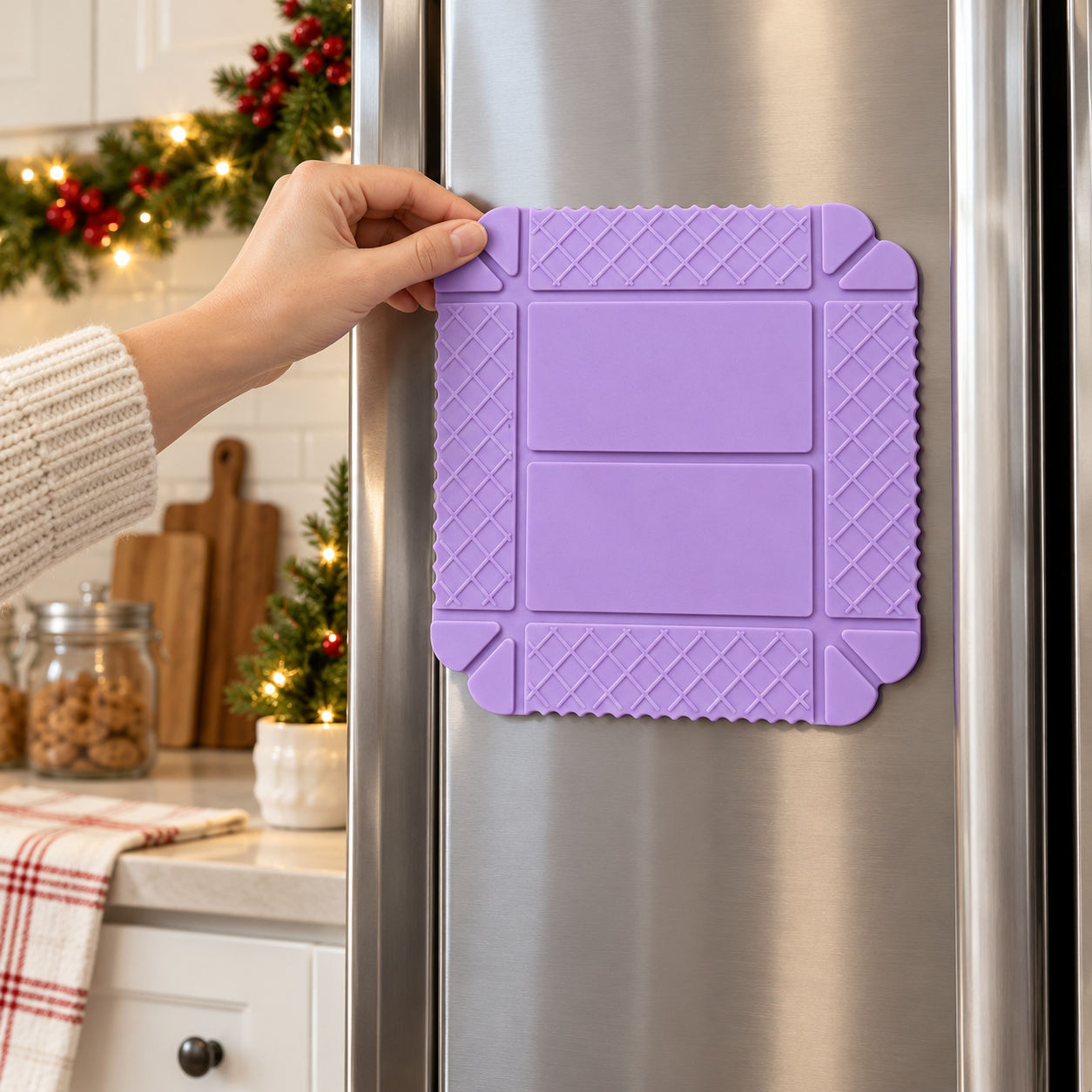 Purple silicone mat stored magnetically on a refrigerator