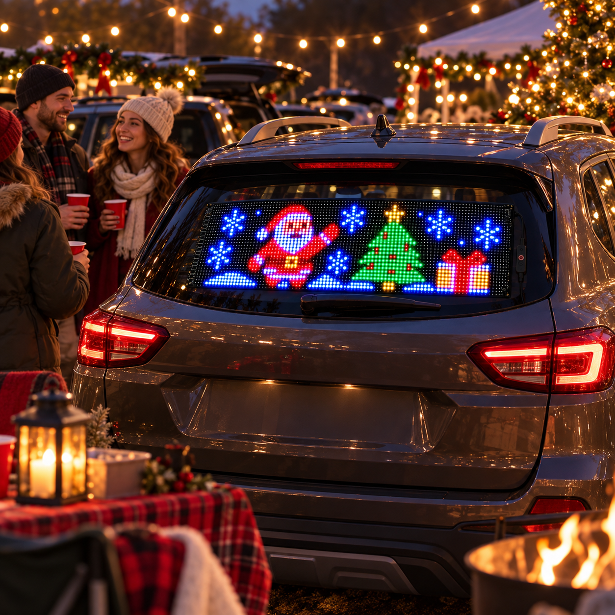 Santa and Christmas tree LED display at a holiday gathering