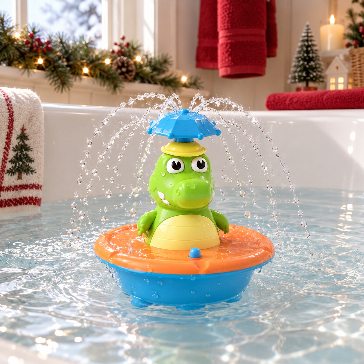 Crocodile fountain toy spraying in a Christmas bathtub