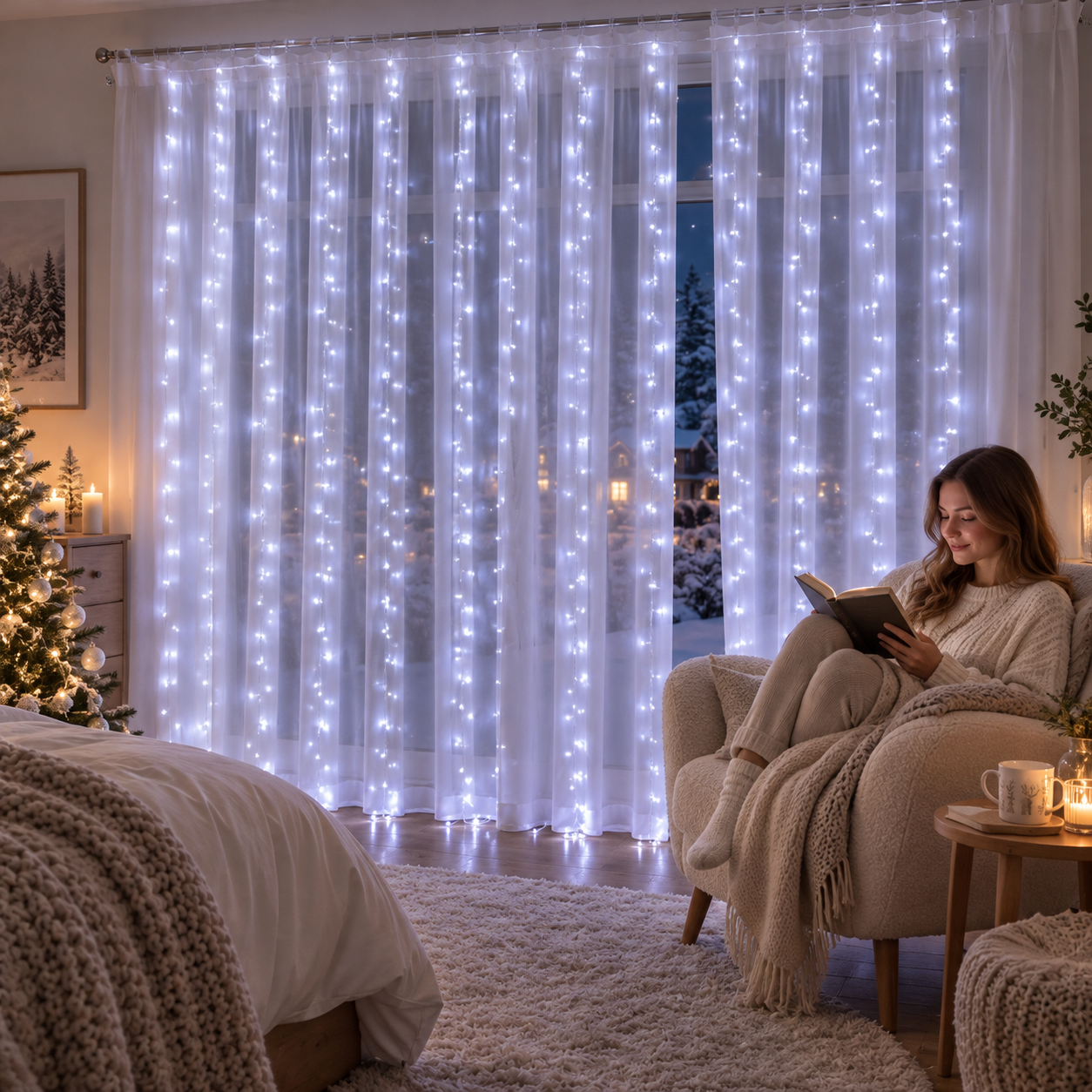Cool white curtain lights creating a calm bedroom glow