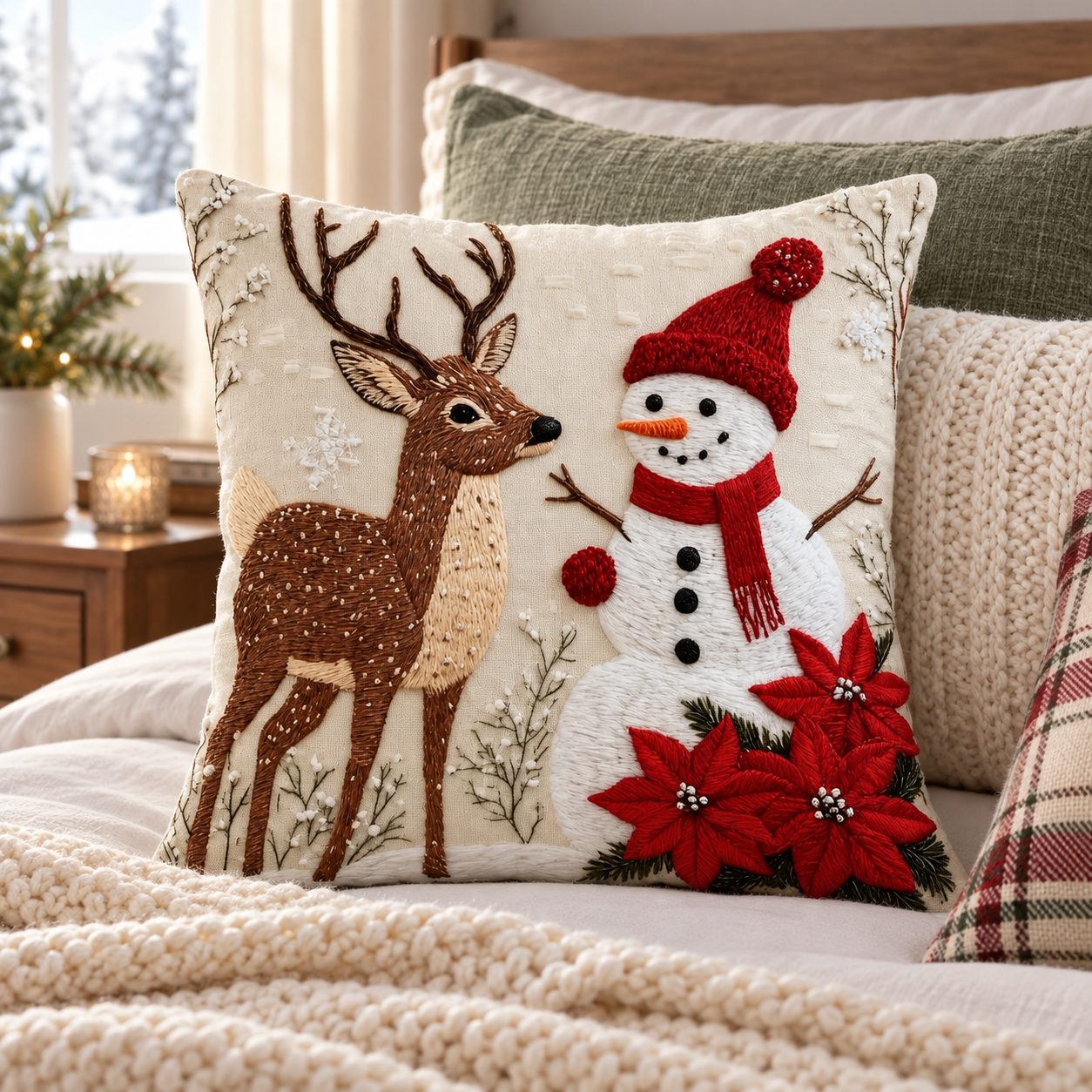 Reindeer and snowman Christmas pillow cover on a guest bed