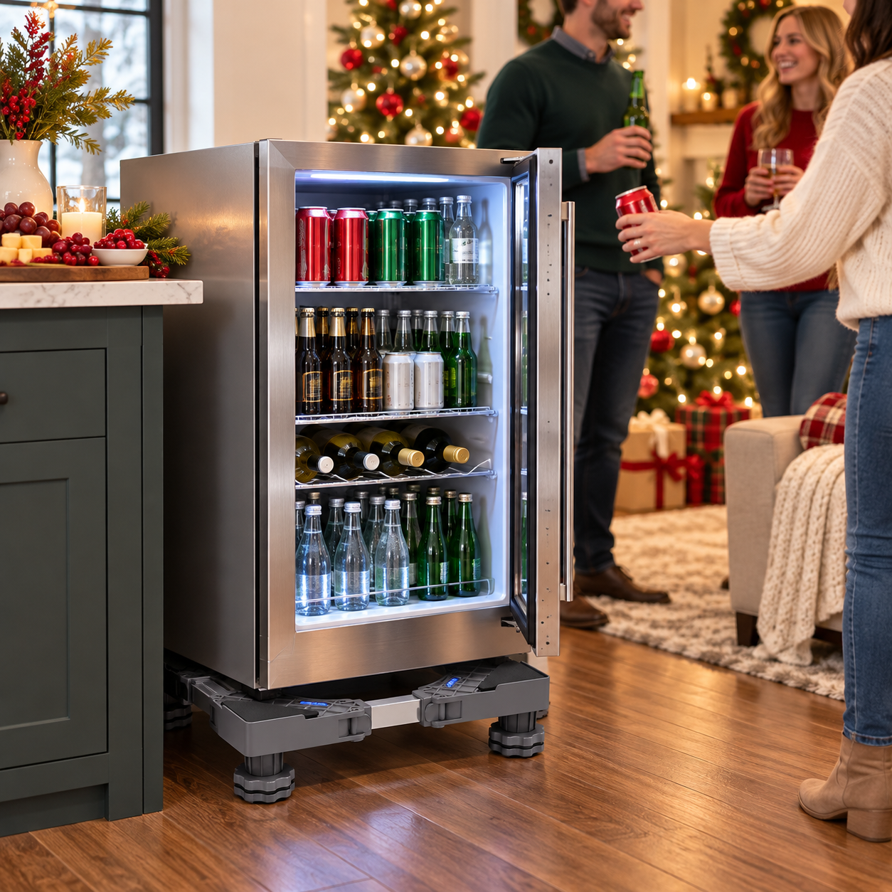 Compact beverage refrigerator supported for holiday entertaining
