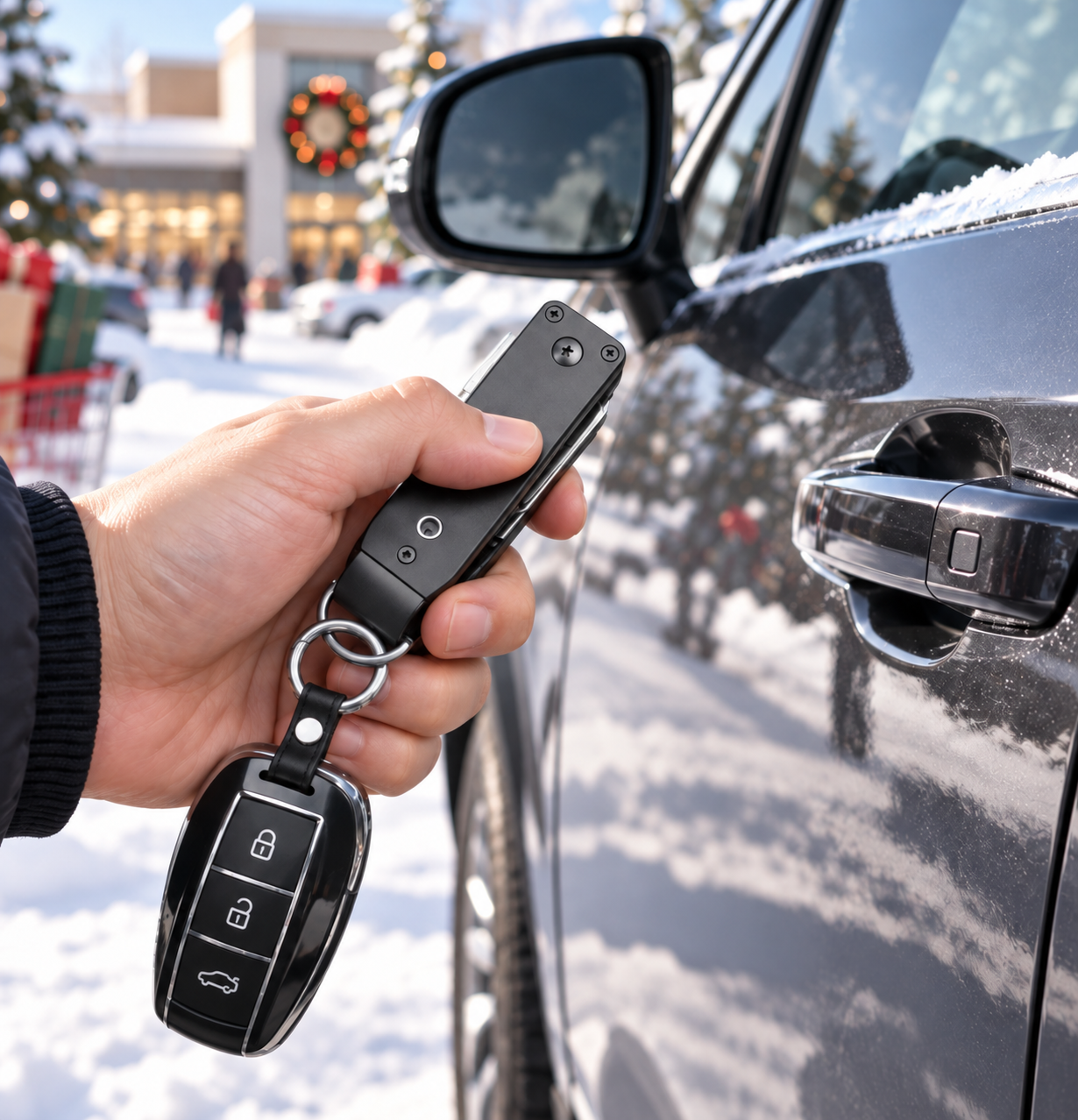 Compact key organizer used beside a car in winter