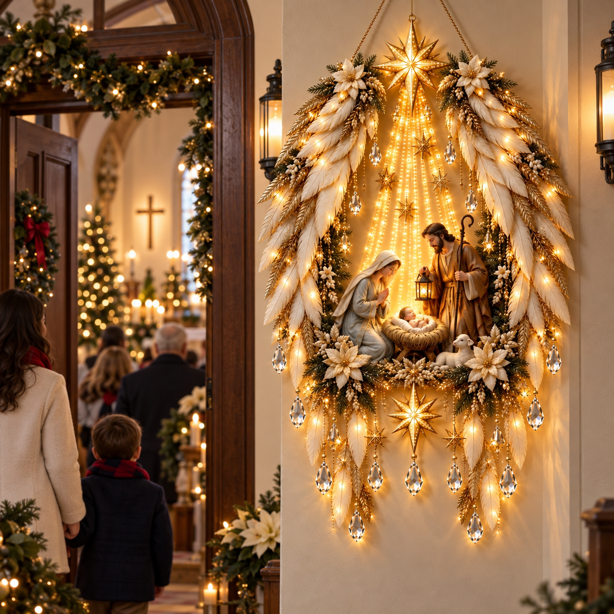 Illuminated nativity feather wreath in a Christmas chapel entrance