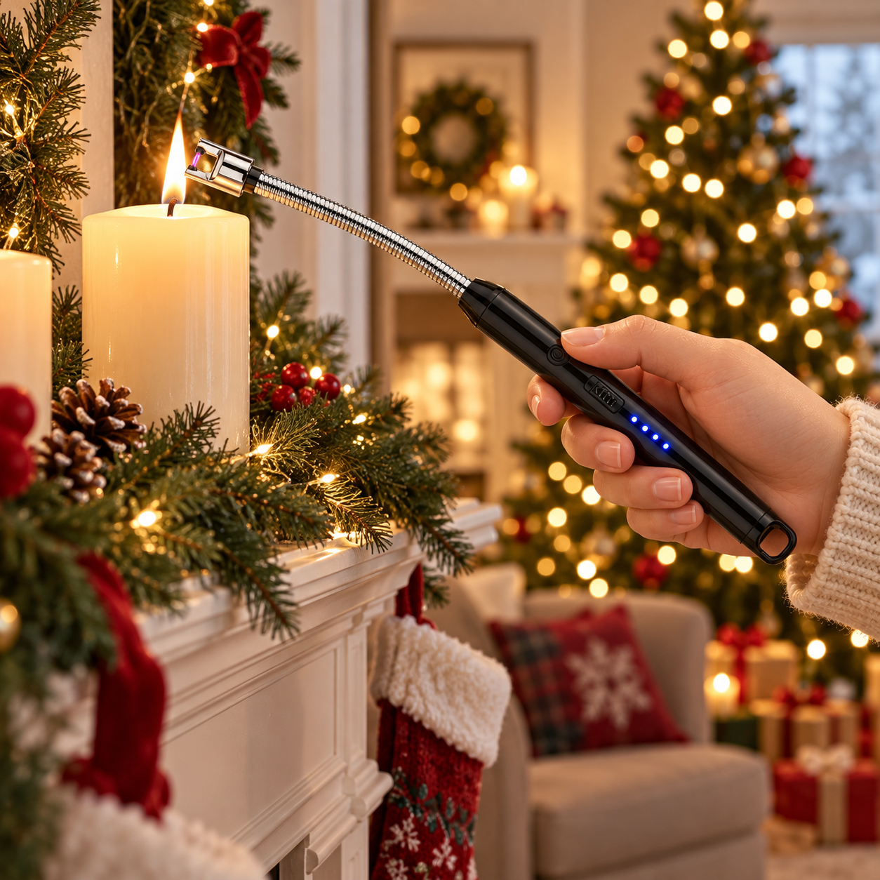 Lighting a Christmas mantel candle
