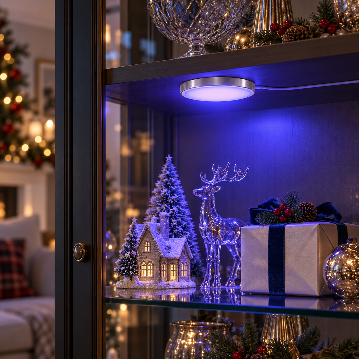 Blue RGB puck light inside a holiday display cabinet