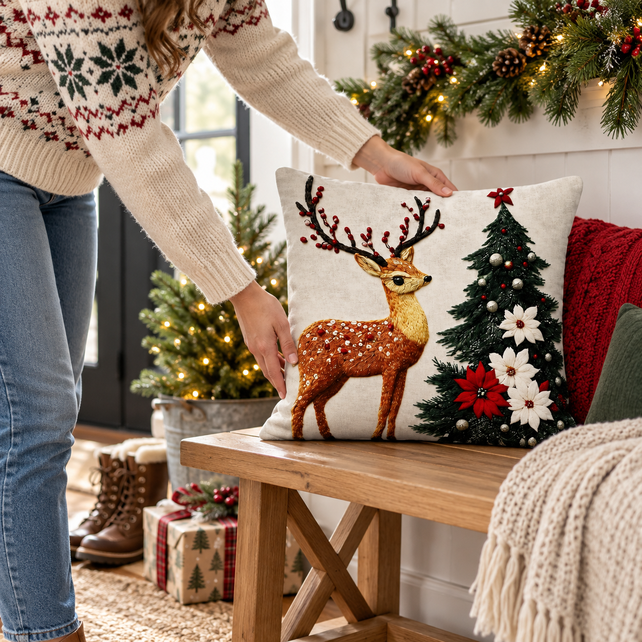 Reindeer and Christmas tree pillow cover on an entryway bench