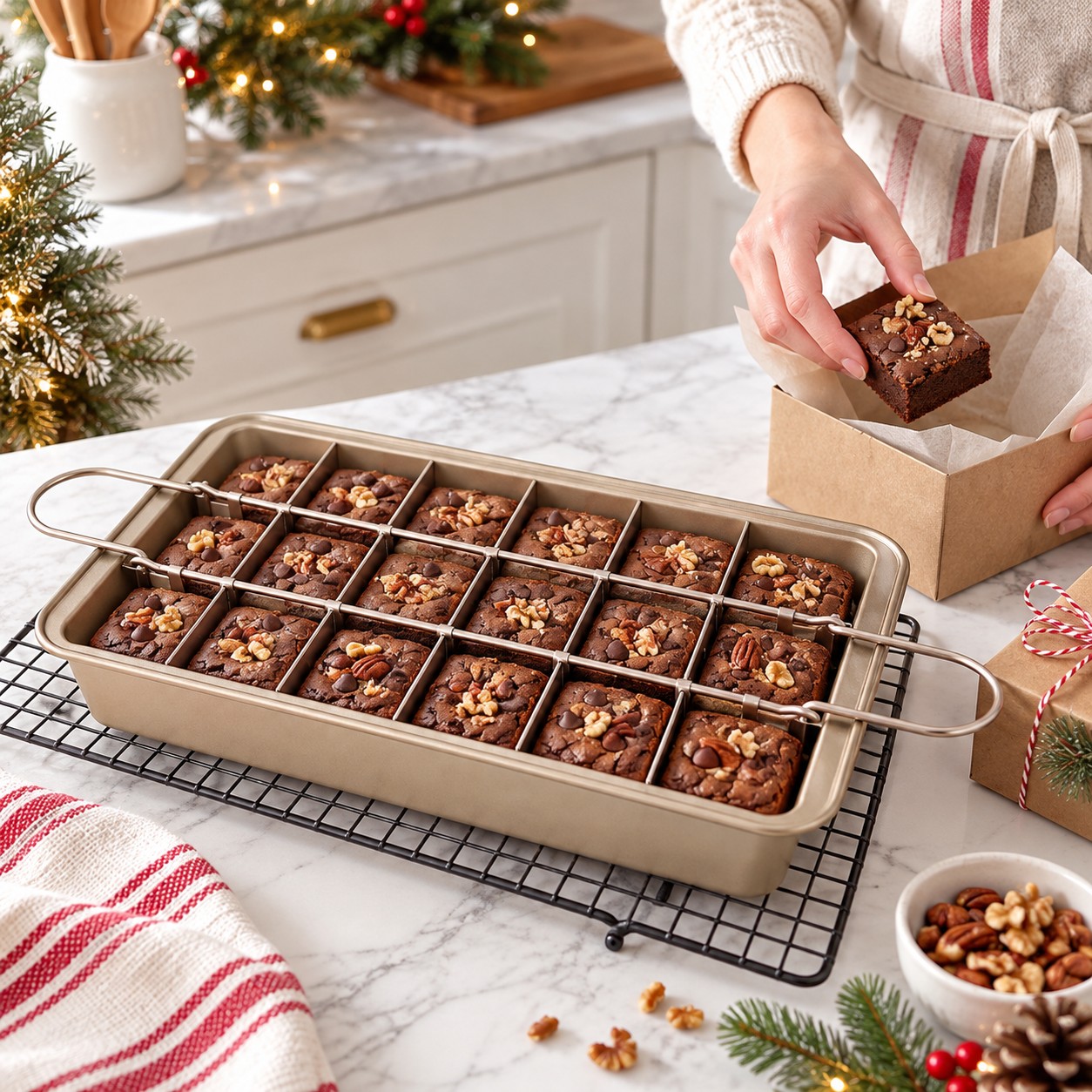 Packing evenly portioned brownies into holiday gift boxes