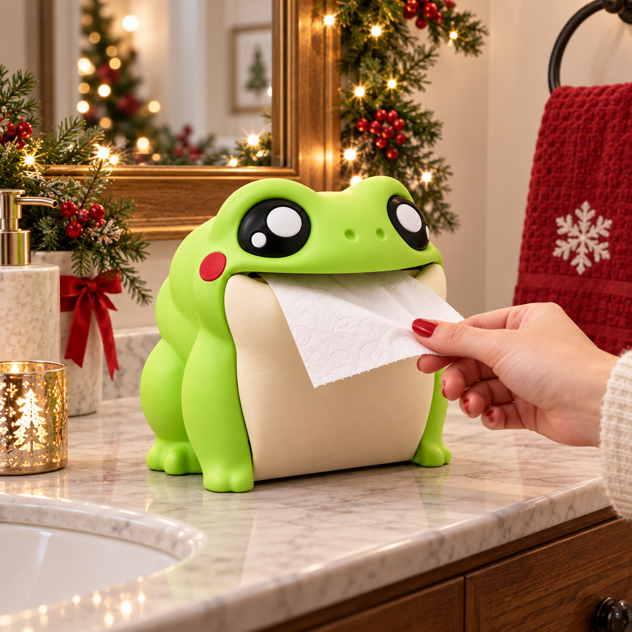 Frog tissue dispenser on a festive guest bathroom vanity