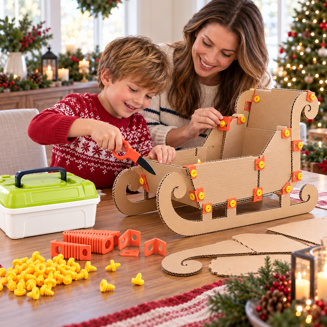 Parent and child building a cardboard holiday sleigh