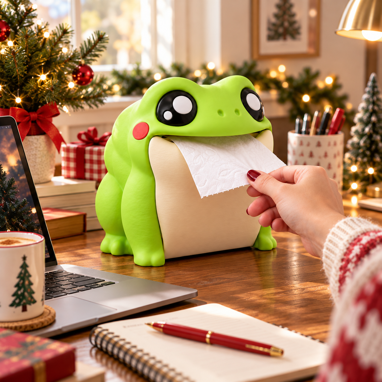 Frog tissue dispenser on a Christmas home office desk