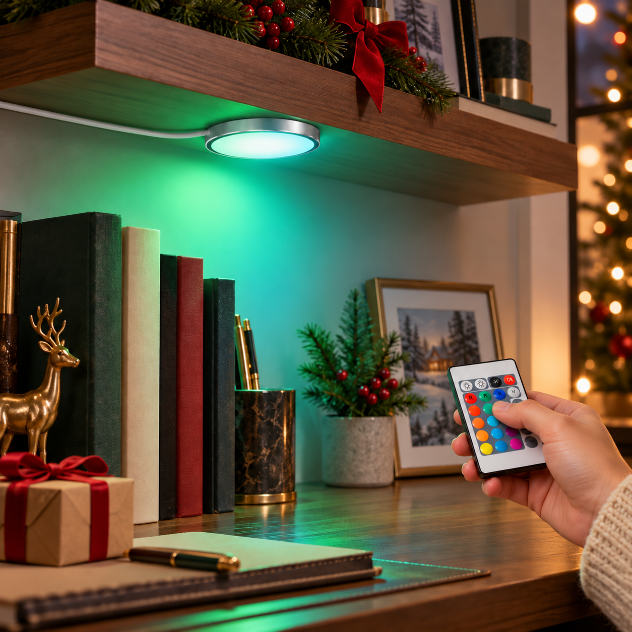 Green RGB puck light above a festive home office desk