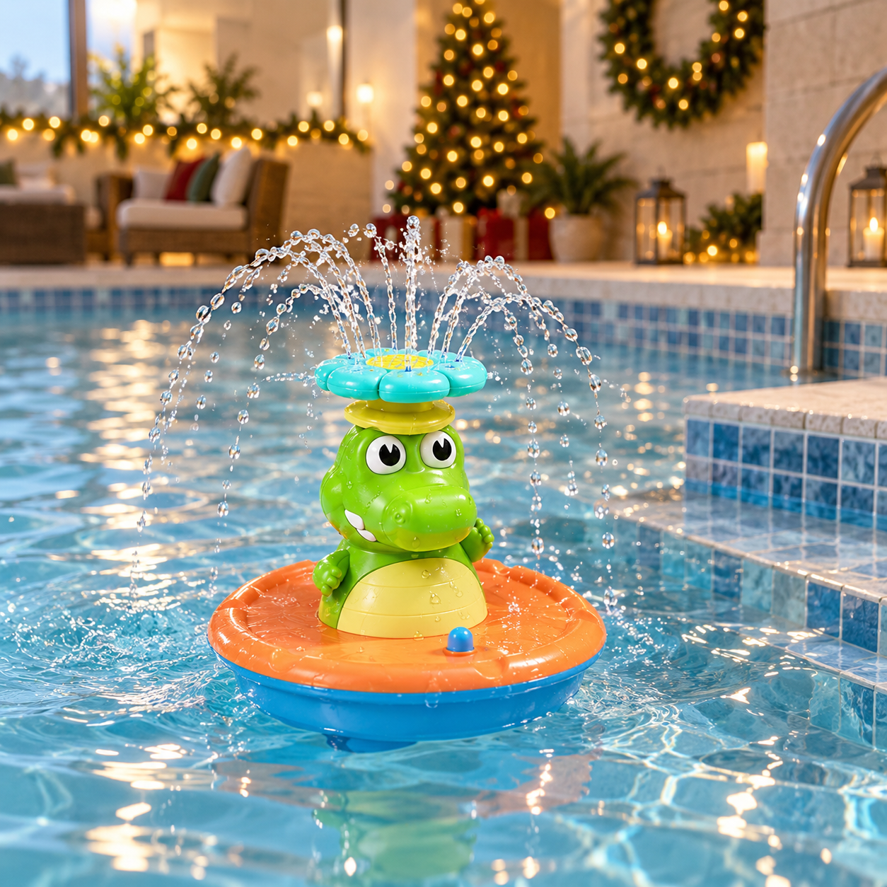 Crocodile fountain toy in a festive indoor pool