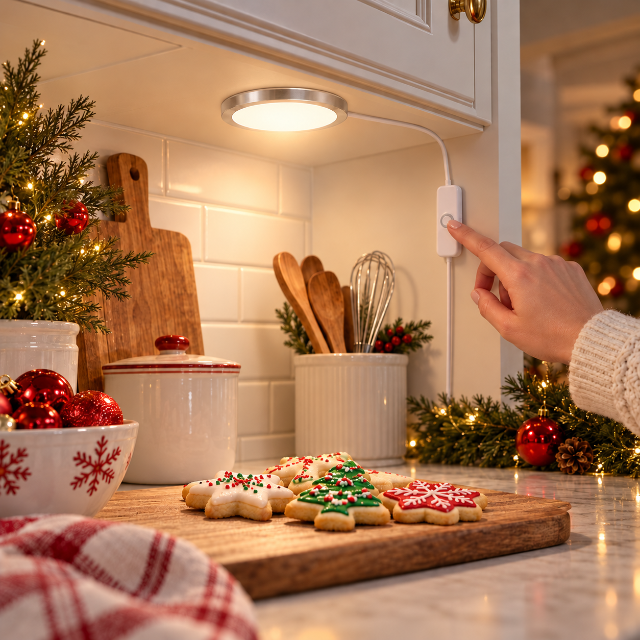 RGB puck light illuminating a Christmas kitchen workspace