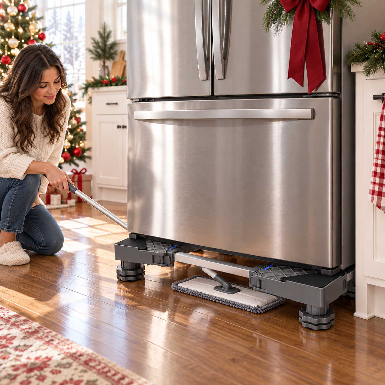 Cleaning beneath a refrigerator raised on an adjustable base