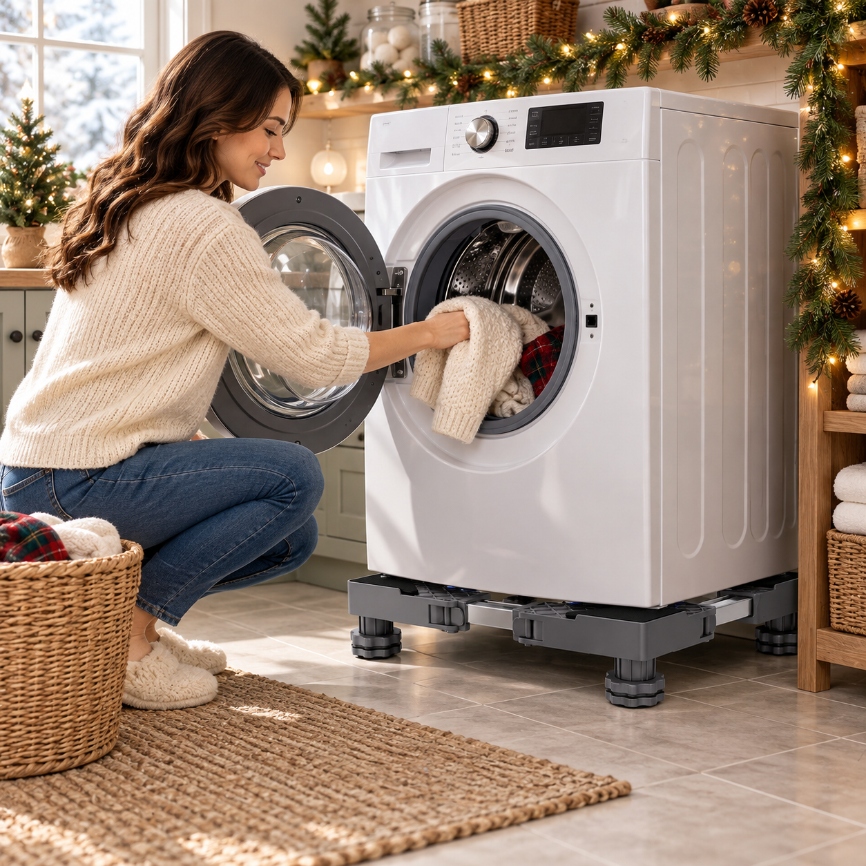 Adjustable base supporting a washer in a Christmas laundry room