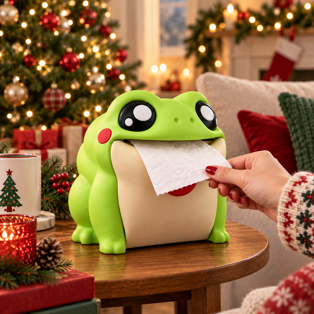 Frog tissue dispenser in a Christmas living room