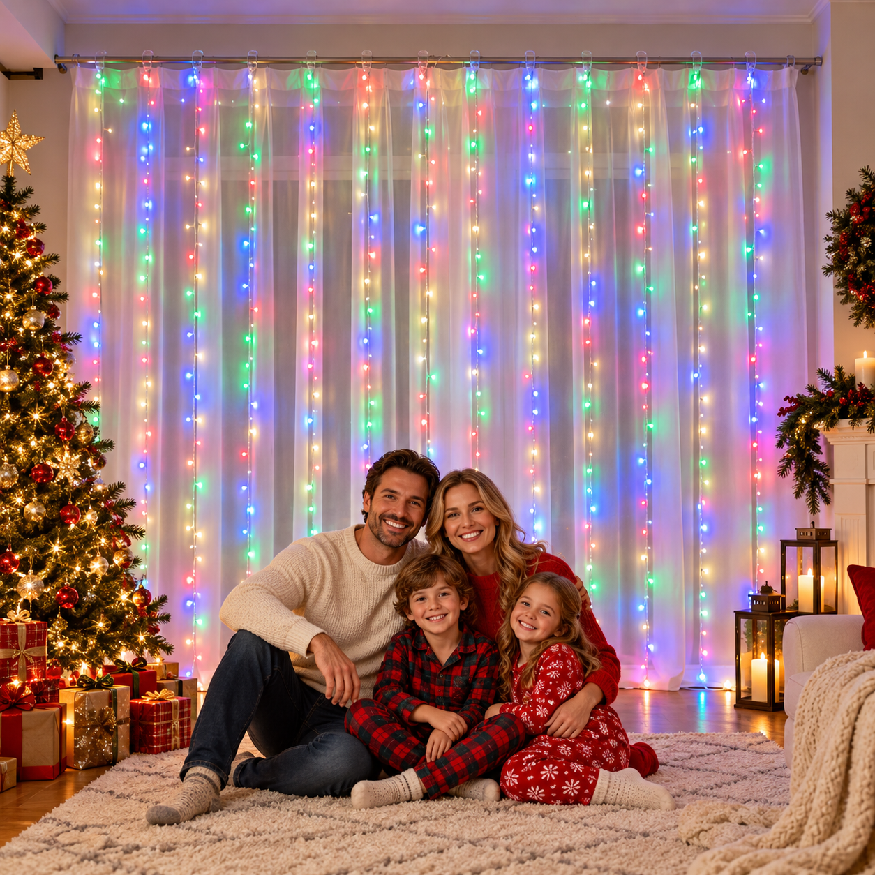 Multicolor curtain lights used as a family holiday photo wall