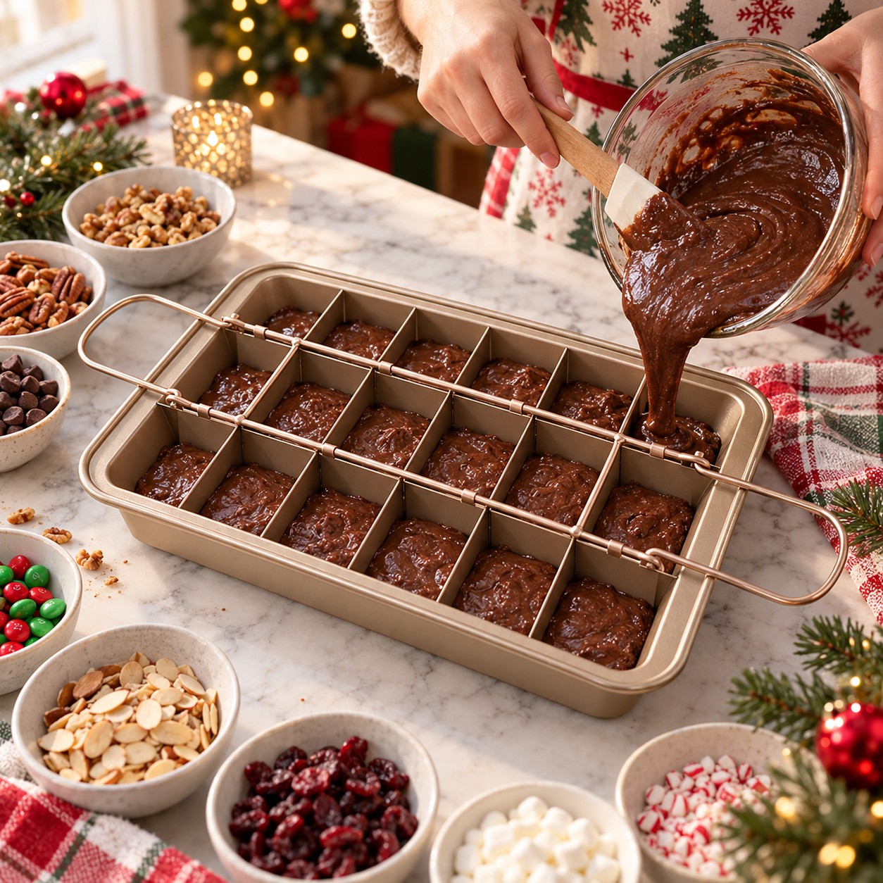 Pouring brownie batter into the 18-cavity divider pan