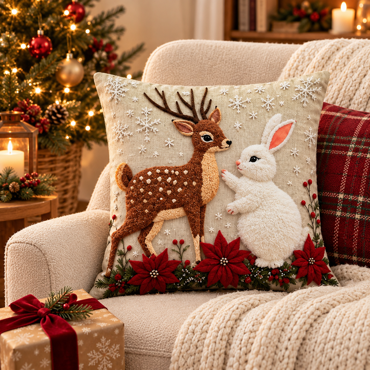 Reindeer and rabbit Christmas pillow cover in a reading nook