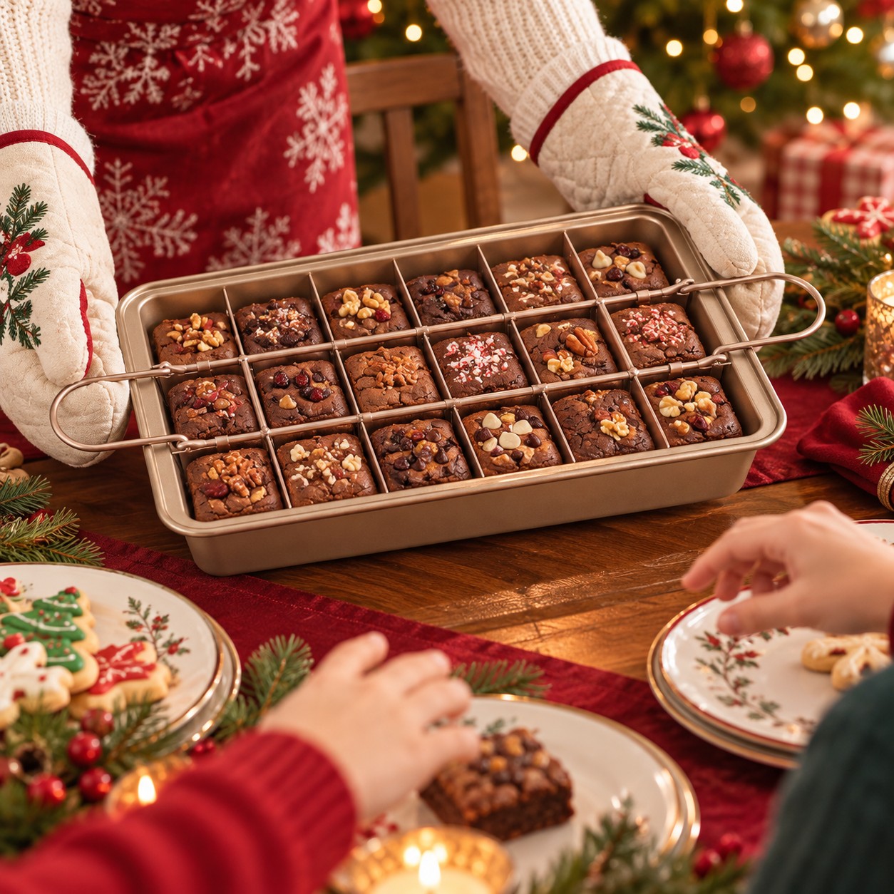Serving varied brownies at a Christmas table