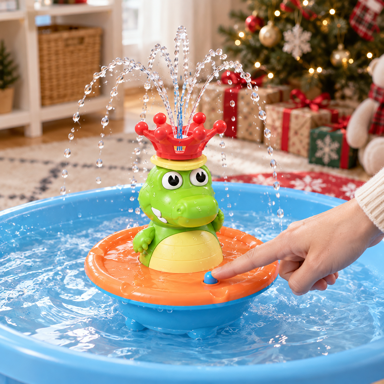 Adult hand starts the crocodile toy in a holiday water table