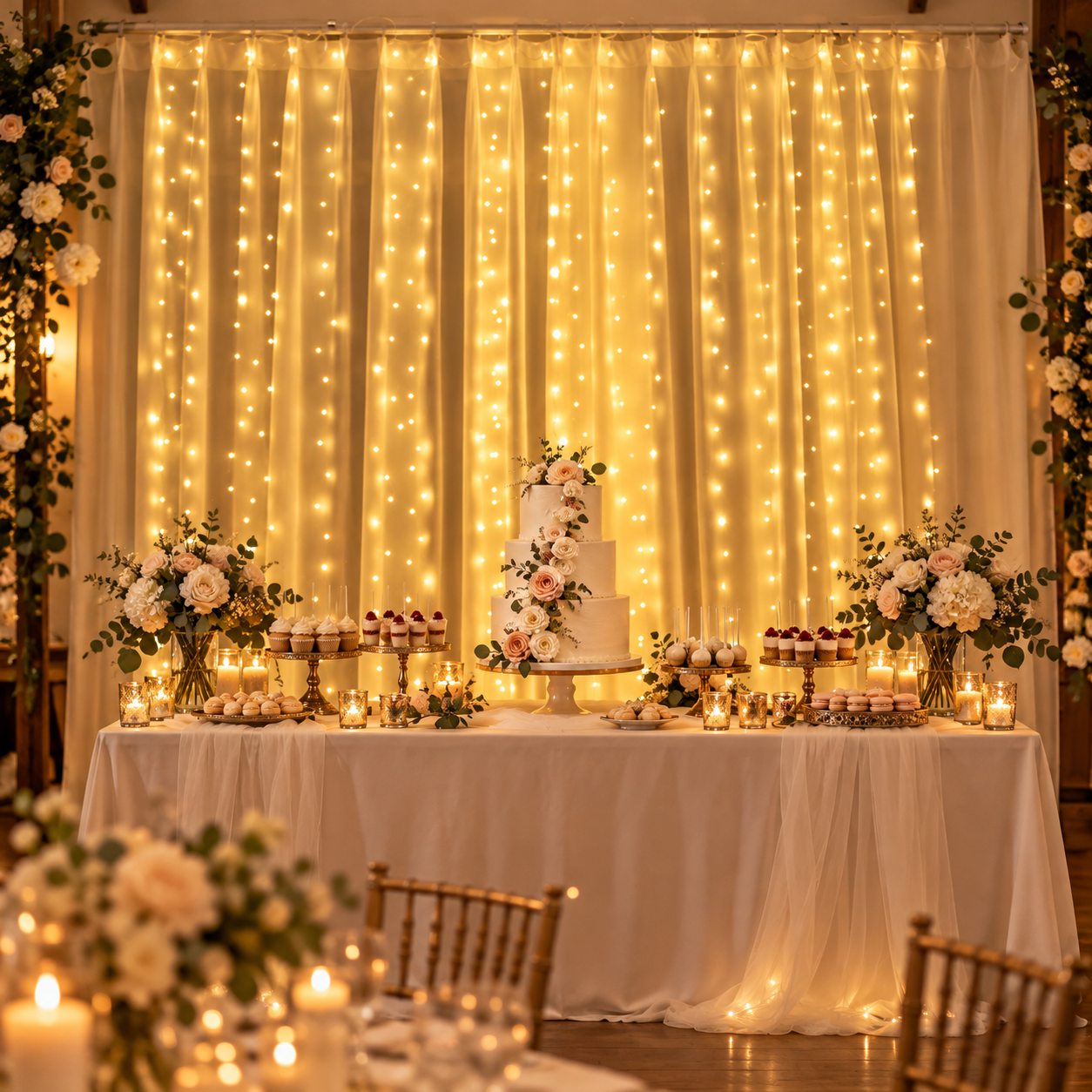 Warm white curtain lights behind an event dessert table