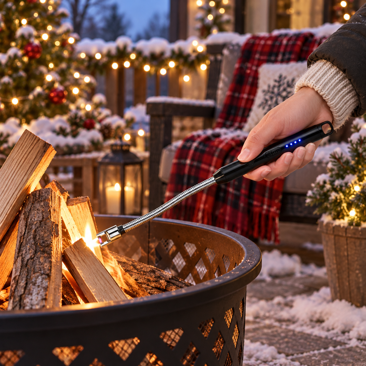 Lighting fire-pit kindling on a winter patio
