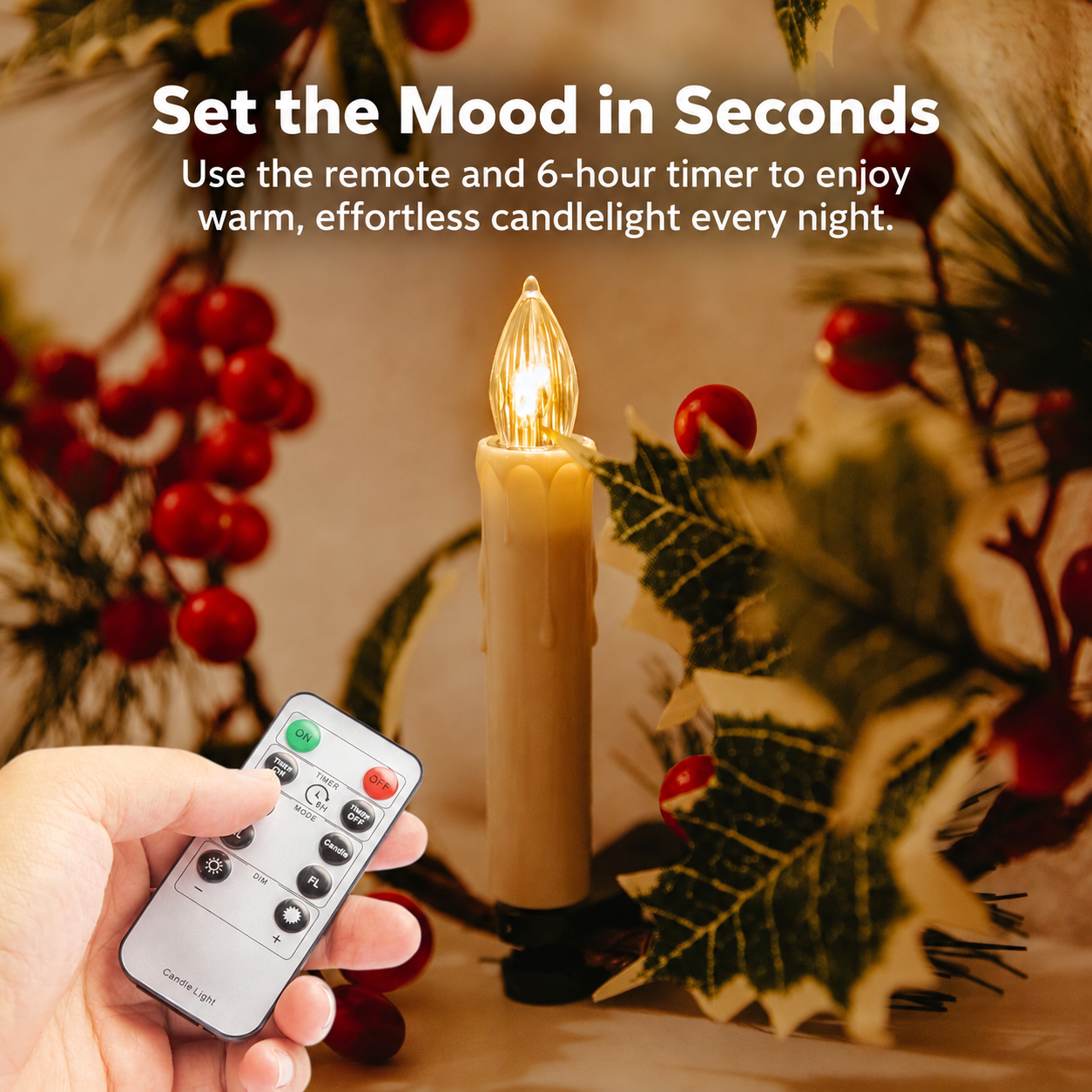 Remote-controlled flameless Christmas candle with timer