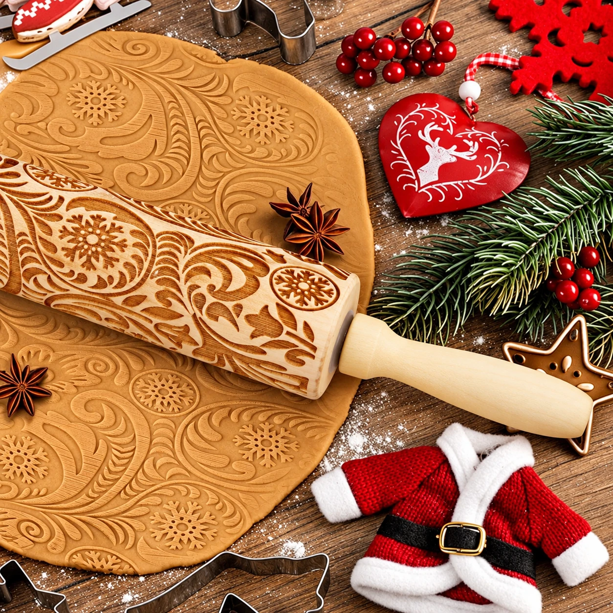 Close-up of the snowflake and foliage embossed rolling pin pattern