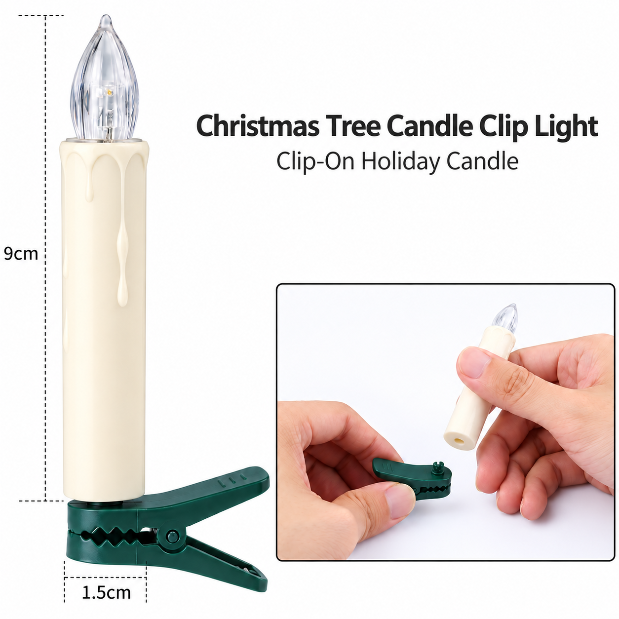 Clip-on Christmas tree candle dimensions and removable clip