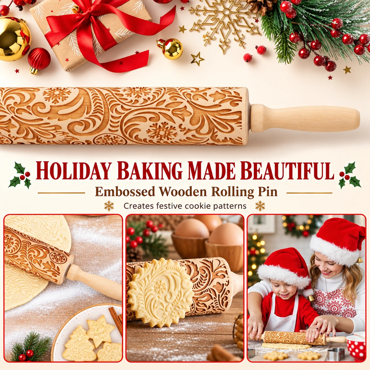 Holiday baking ideas with the embossed wooden rolling pin