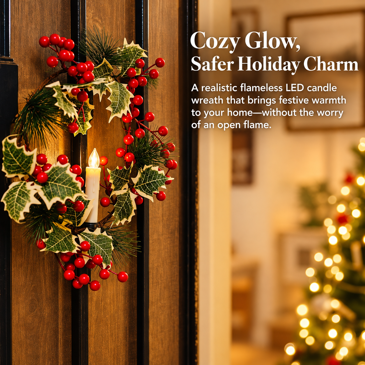 Flameless LED candle clipped to a Christmas wreath