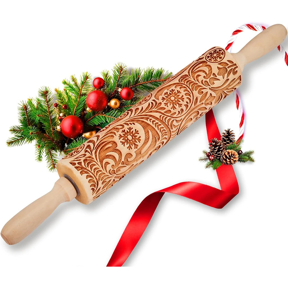 Natural wood embossed rolling pin with snowflake pattern
