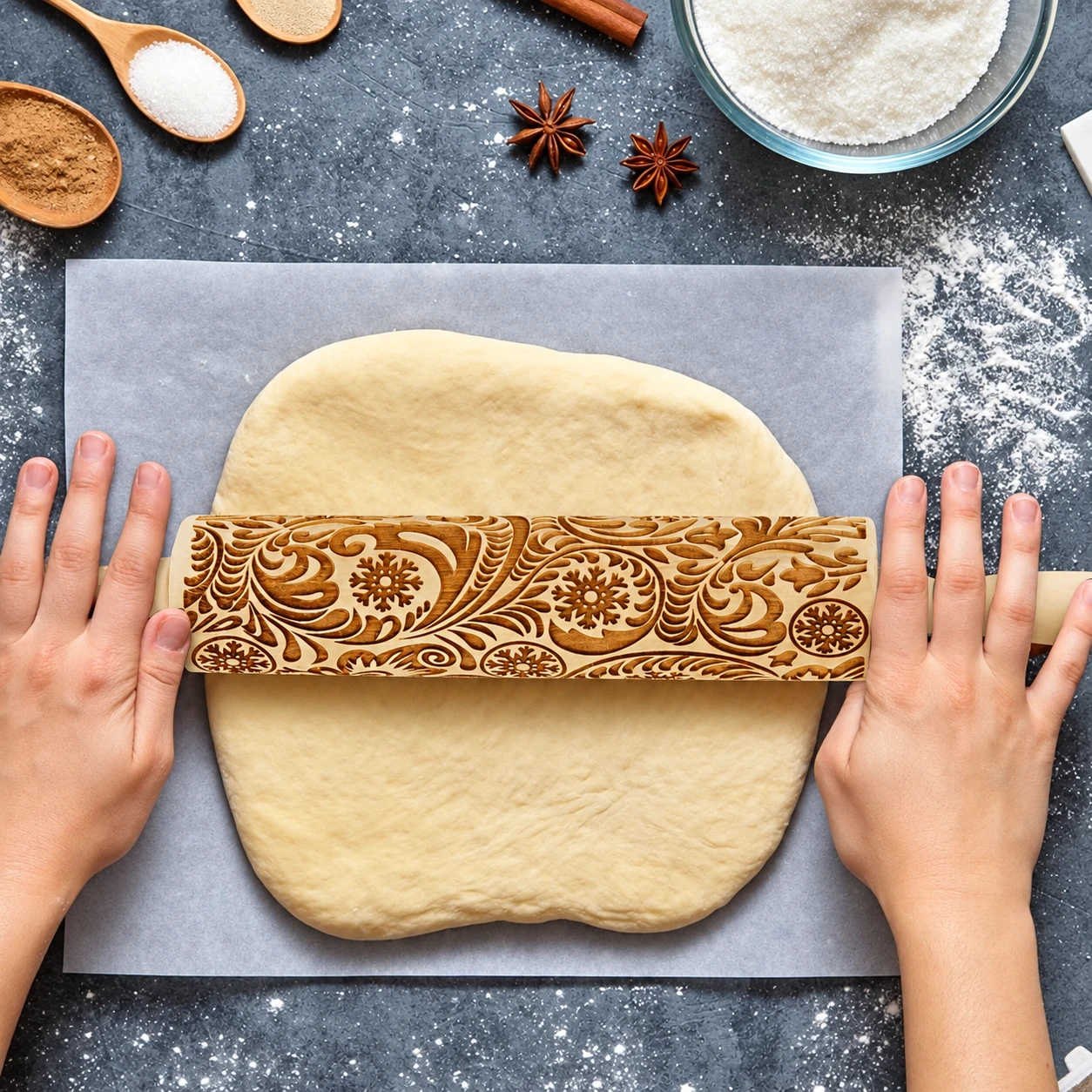 Hands rolling dough with the embossed wooden rolling pin