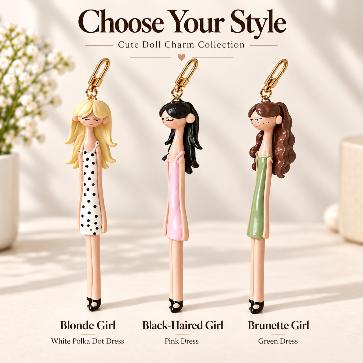 Black-haired, brown-haired, and blonde doll bag charm styles