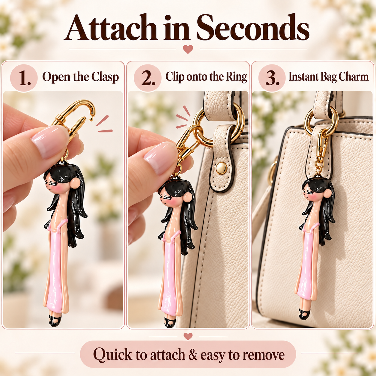 Three simple steps for clipping the doll charm to a handbag