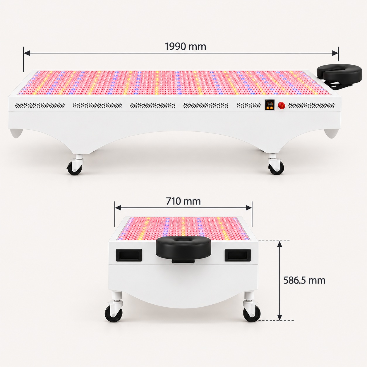 Ray Zenith white light bed in two views on warm white, with 1990 mm, 710 mm and 586.5 mm body dimensions.