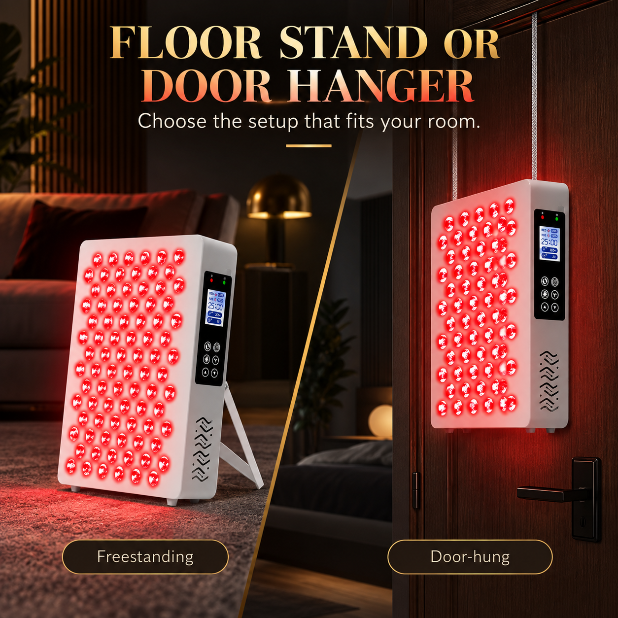 Freestanding and door-hanging placement options