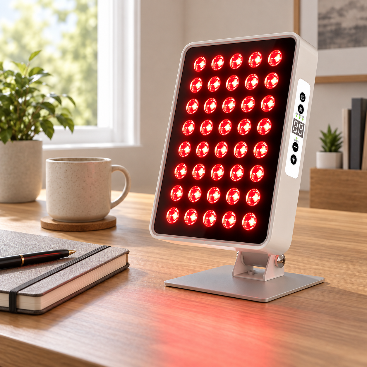 White Ray Aura A40 red light panel on a bright wooden desk
